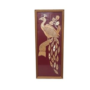 Gorgeous Mid Century Framed Wood inlay Marquetry Peacock Wall Hangings 7x17 MCM